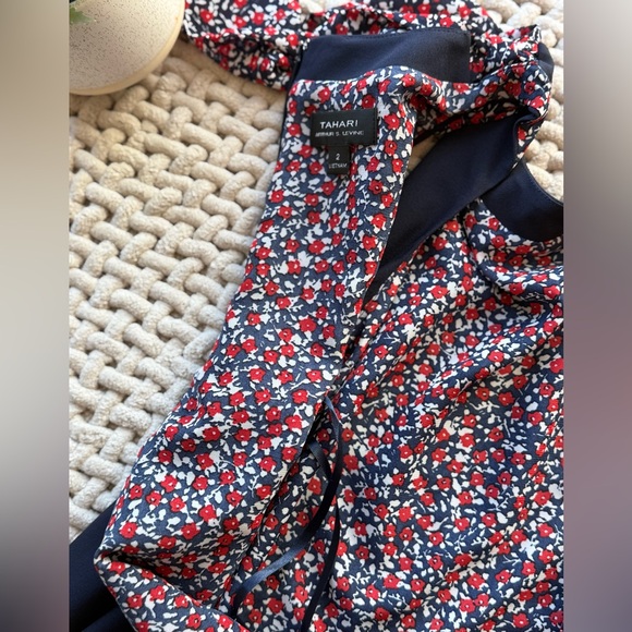 Tahari ASL Navy and Red Floral Side Neck Bow Shift Dress 2 - Picture 10 of 16